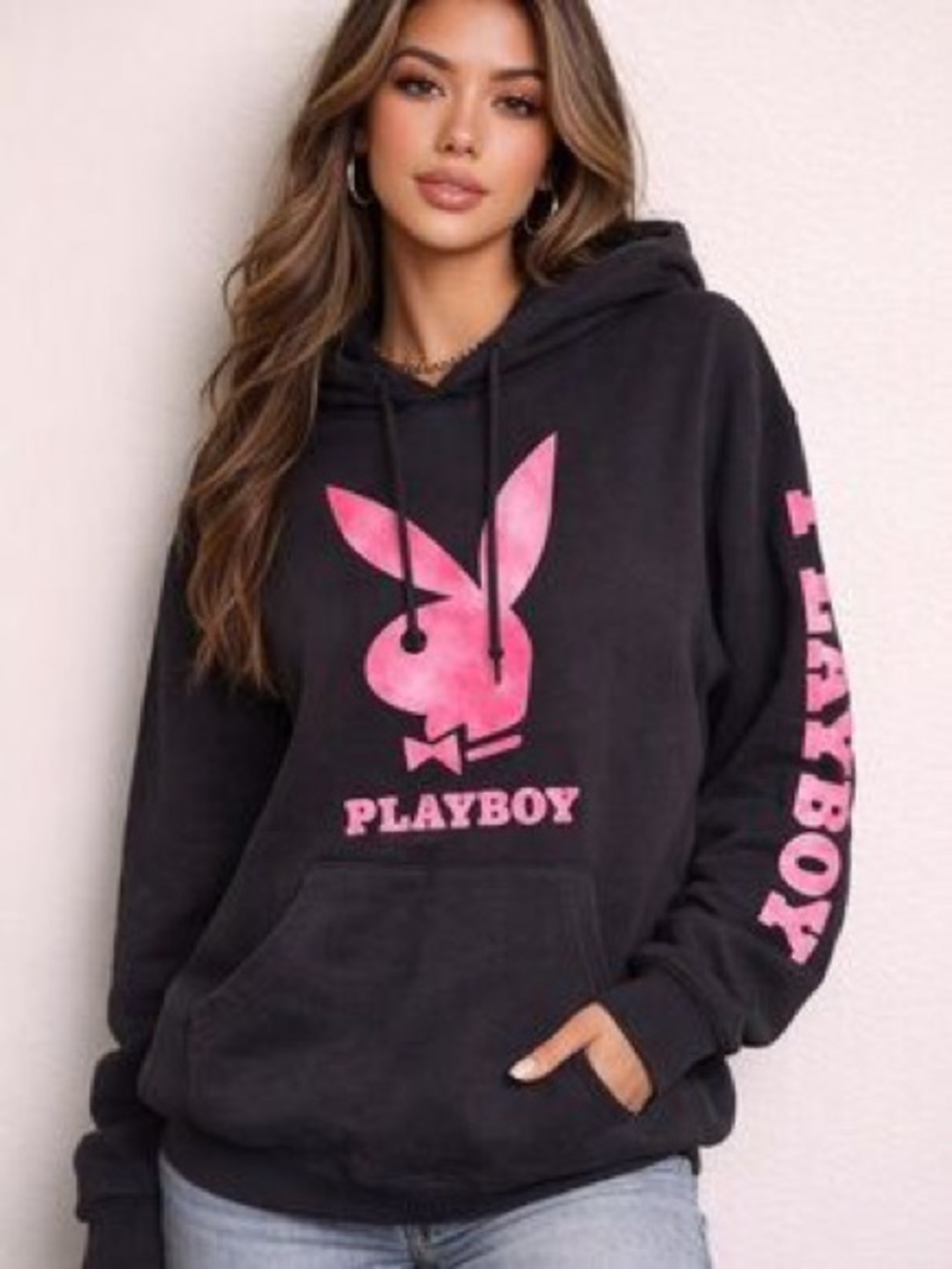 PLAYBOY Bunny Black Graphic Hoodie with Pink Script on Sleeves- Size Large New